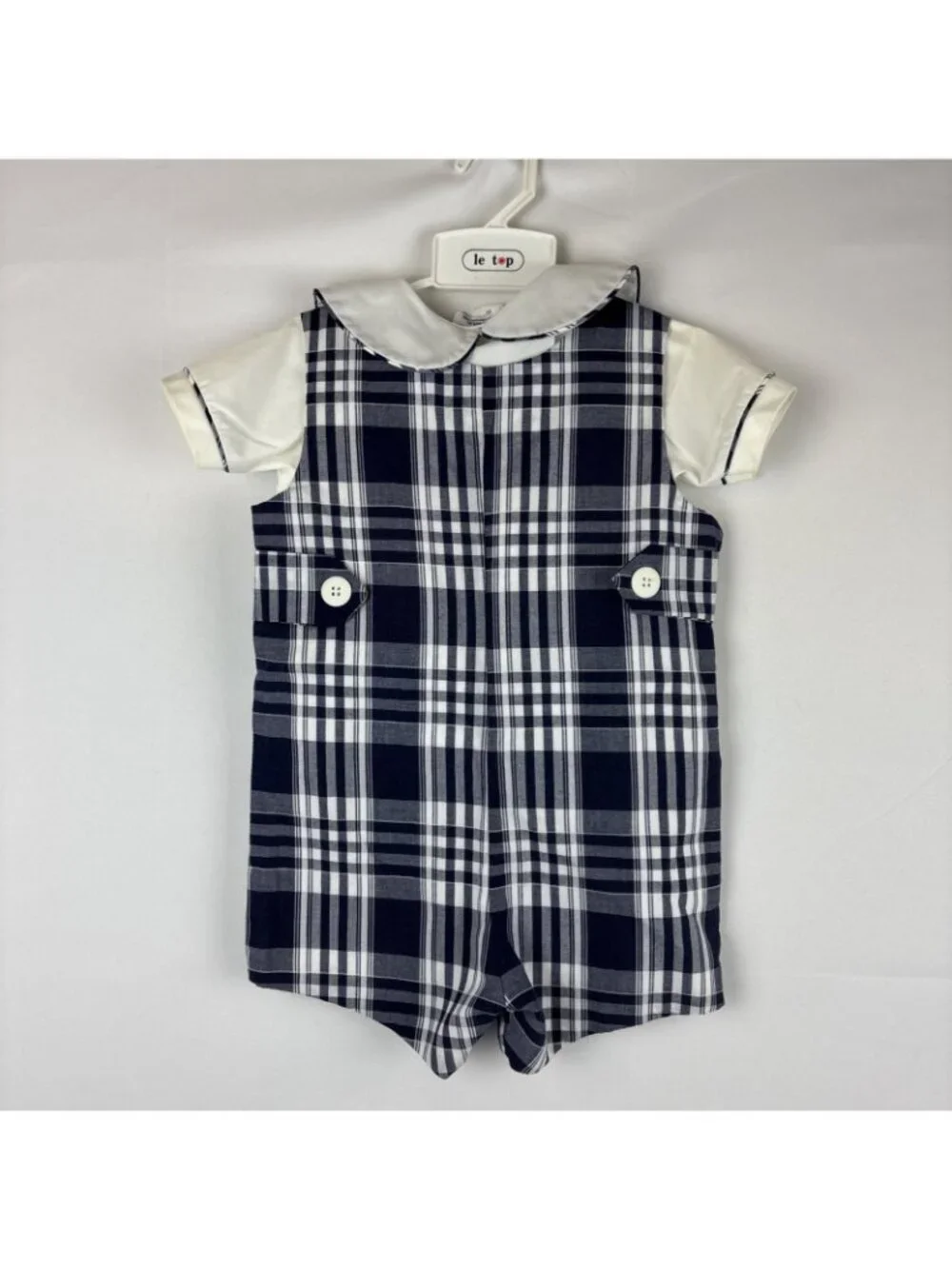 Mondays Child Boys Shortall Romper Blue White Plaid 2T